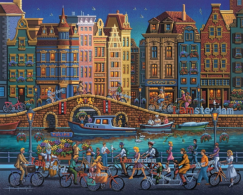 Amsterdam, art, orange, buildings, city, painting, eric dowdle, pictura, blue, HD wallpaper