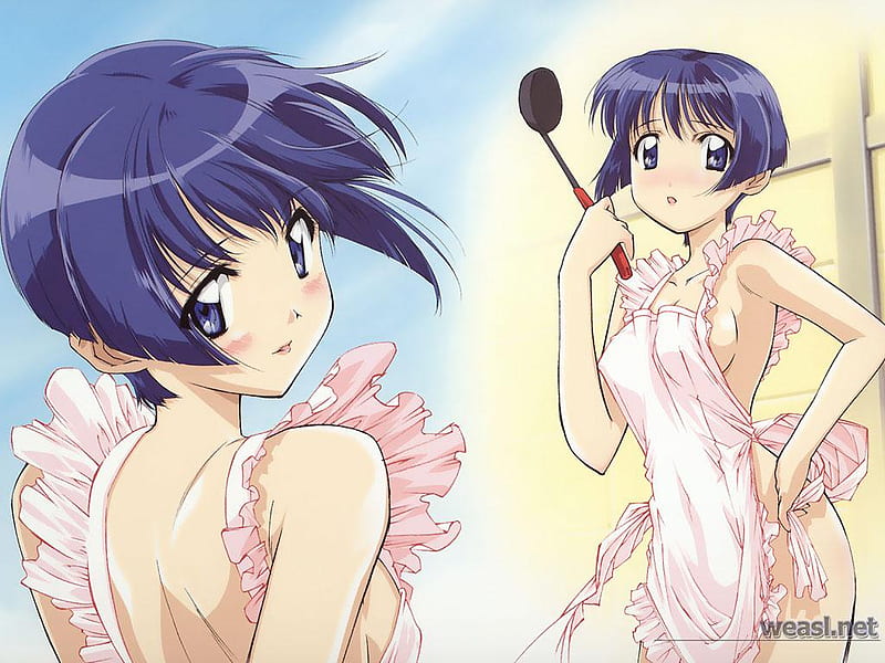 anime girl in apron, cut, girl, blue hair, anime, apron, HD wallpaper