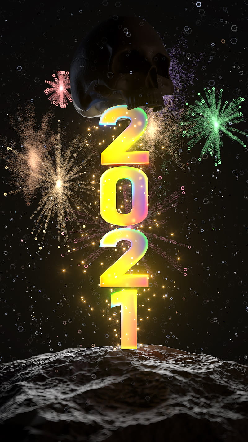 SNY 2021, black, dark, firework, new year, rainbow, rock, skull, snow, yellow, HD phone wallpaper