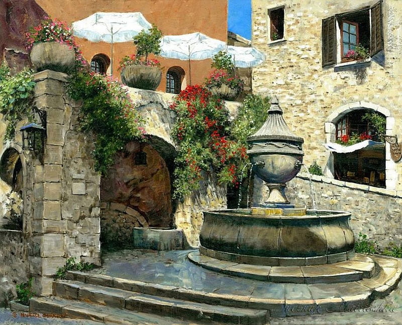 St. Paul de Vence Fountain, umbrellas, houses, painting, flowers, stairs, artwork, villahe, HD wallpaper
