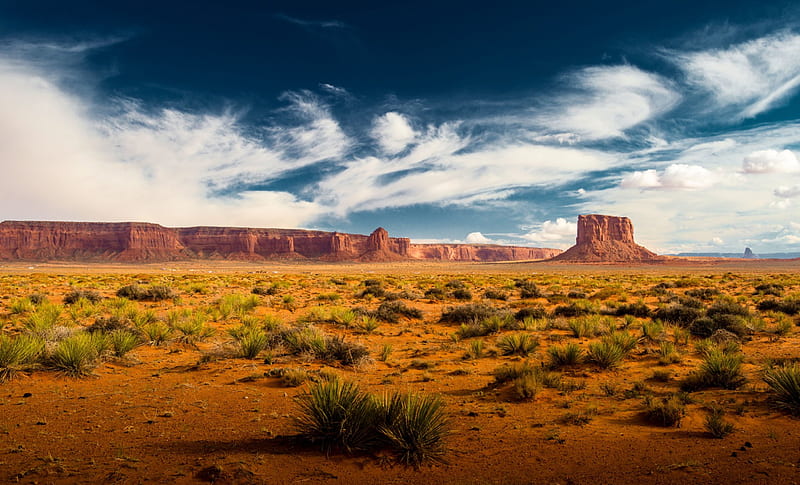 Canyonland, desert, grass, mountains, clouds, sky, HD wallpaper