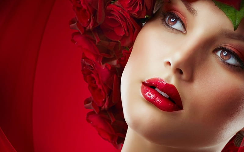 Beauty, red, red-lips, model, rose, fashion, HD wallpaper