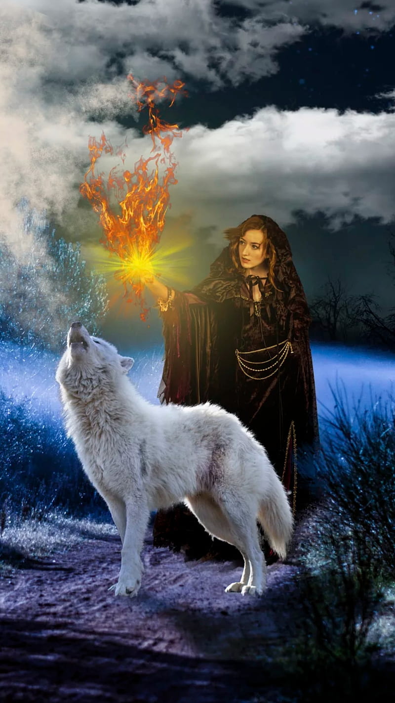 Fantasy, wolf, cloud, animal, white, witch, fire, magic, woman, female, HD phone wallpaper