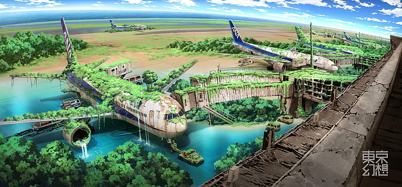 anime apocalypse, airplanes, airport, ruins, water, Anime, HD wallpaper