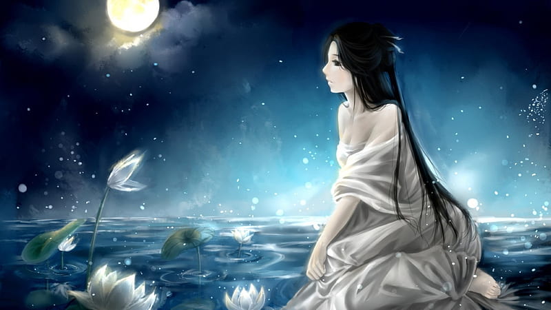Loneliness, sea, skies, dark, sad, lilies, lonely, woman, blue, HD wallpaper
