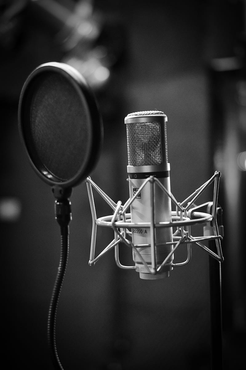 grayscale of condenser microphone beside pop filter, HD phone wallpaper