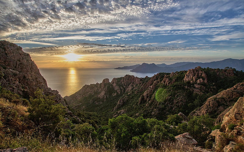 Corsica, Island, sea, sunset, mountains, coast, Mediterranean Sea, Piana, France, HD wallpaper