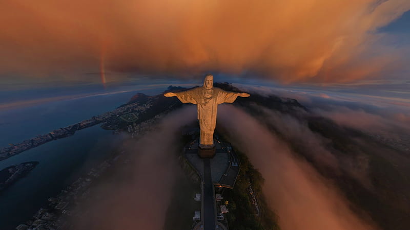 fantastic view of christ the redeemer in rio, mountain, city, statue, view, rainbow, clouds, HD wallpaper