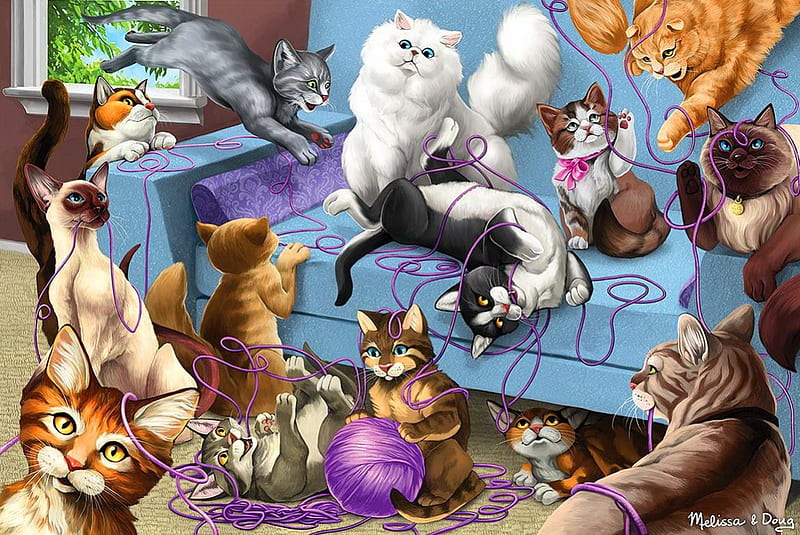 Feline fun, playing, art, kittens, bonito, fun, adorable, joy, sweet, cute, yarn, feline, painting, mess, funny, kitties, cats, HD wallpaper