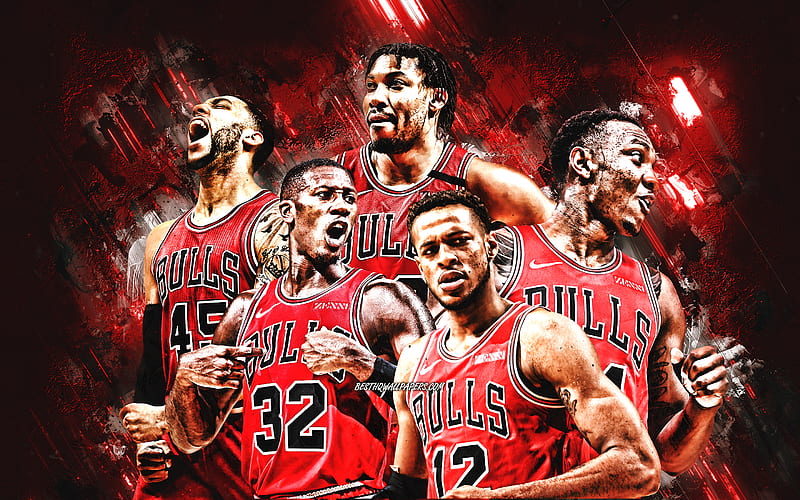 Chicago Bulls, NBA, basketball team, red stone background, basketball, Zachary LaVine, Patrick Williams, Coby White, HD wallpaper