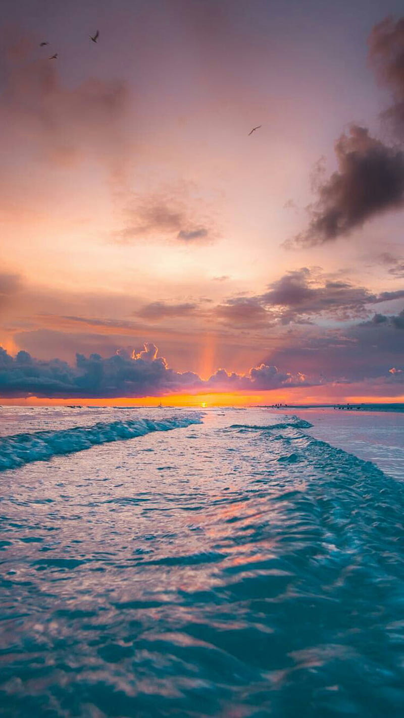Sunset, nature, ocean, scenery, sea, sky, water, waves, HD phone ...
