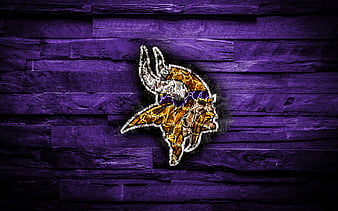 Minnesota Vikings scorched logo, NFL, violet wooden background, american baseball team, National Football Conference, grunge, baseball, Minnesota Vikings logo, fire texture, USA, NFC, HD wallpaper