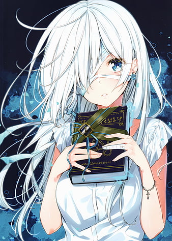 Premium Photo  Cute anime girl with white hair and blue eyes sitting at  the school desk with her head in her hands generated ai