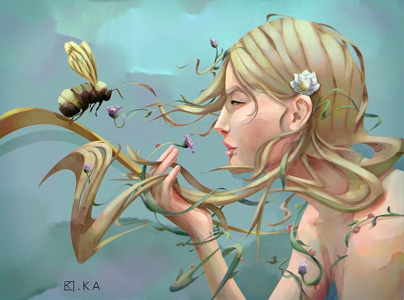 Woman with vines in her hair, face, vibes, luminos, yellow, ka, kaart, bee, fantasy, girl, green, insect, flower, HD wallpaper