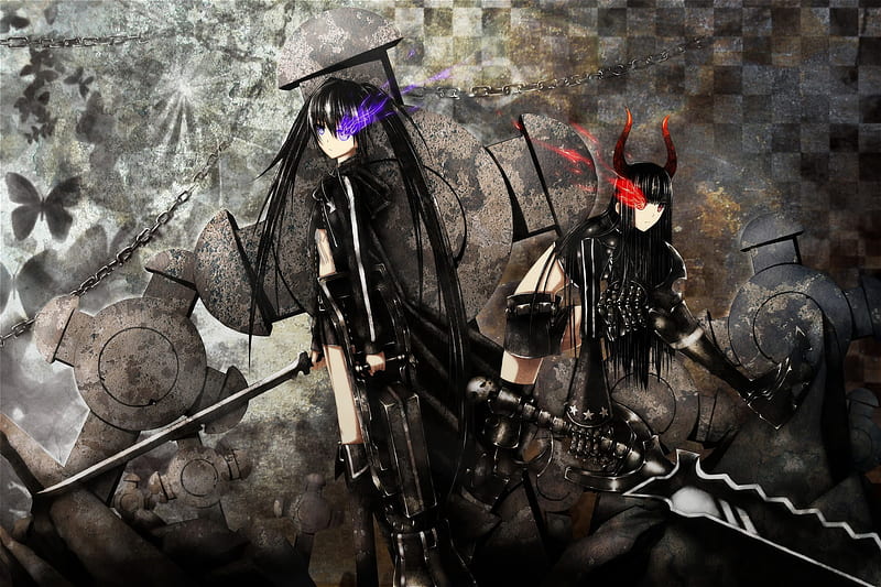 black★Rock Shooter, fighter, boots, two girls, butterfly, checkered board, black gold saw, black rock shooter, thigh boots, saw, hot, anime girl, weapon, sword, chain, female, black coat, twintails, sexy, growing purple, cool, battle, dark, growing red, big gun, cross, growing eye, HD wallpaper