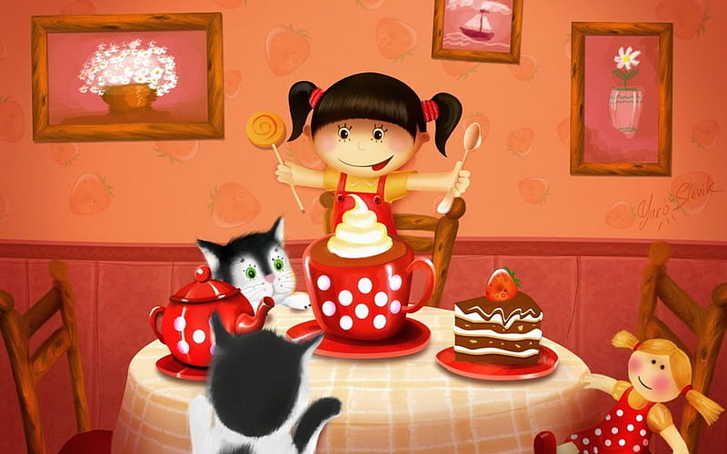 Tea party, cake, red, sweets, food, toy, cat, doll, animal, dessert, cute, girl, anime, funny, HD wallpaper