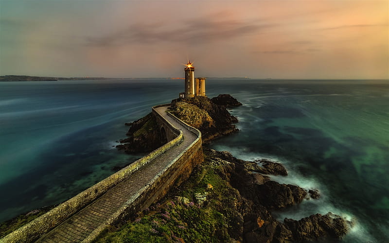 Vierge island, lighthouse, evening, seascape, sunset, France, ocean, Celtic sea, HD wallpaper