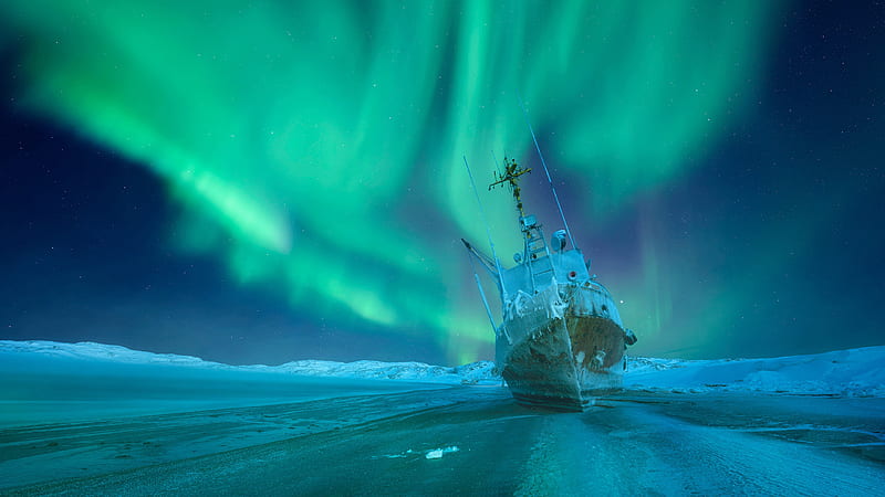 Russia Aurora Borealis Ship During Winter Nature, HD wallpaper