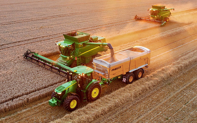 John Deere T560i, John Deere T670i, John Deere 7250R, combine harvester, 2021 combines, wheat harvest, 2021 tractors, harvesting concepts, agriculture concepts, John Deere, HD wallpaper