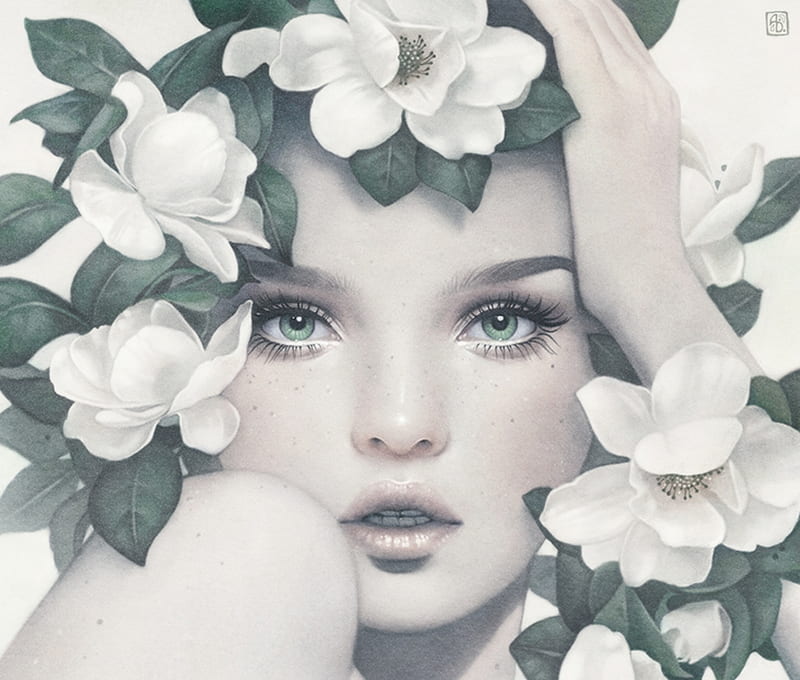 Magnolia, green, luminos, girl, flower, face, portrait, escume, white, HD wallpaper