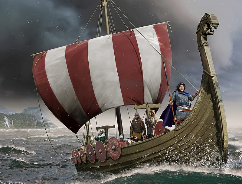 Viking ship, viking, ship, boat, fantasy, man, sea, HD wallpaper