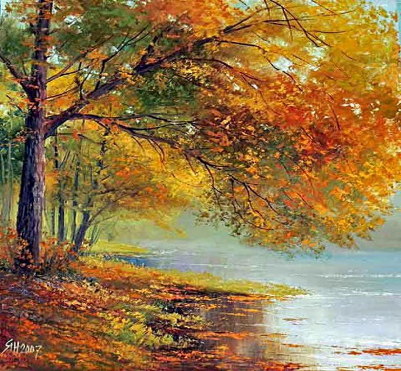 Autumn on Lake - Painting, artist, autumn, fallen leaves, sunny, yellow, bonito, leaves, painting, bright, season, morning, art, forest, warm, sky, trees, lake, water, painter, day, nature, HD wallpaper