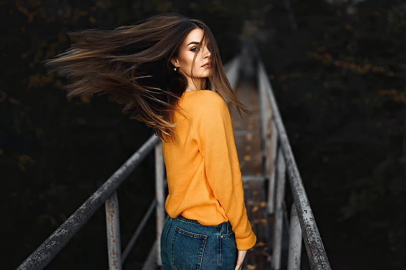 Girl Looking Back Orange Sweater, girls, model, sweater, HD wallpaper