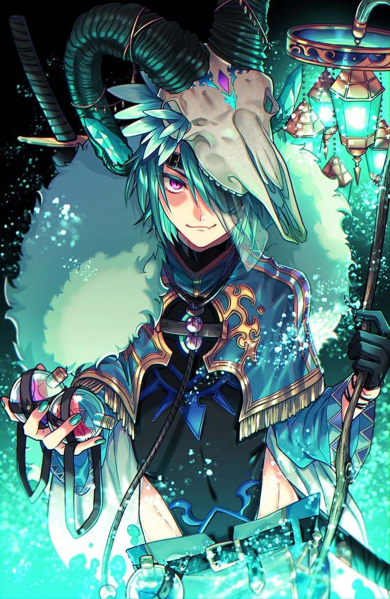 guy, shaman, skull, horns, anime, art, green, HD phone wallpaper