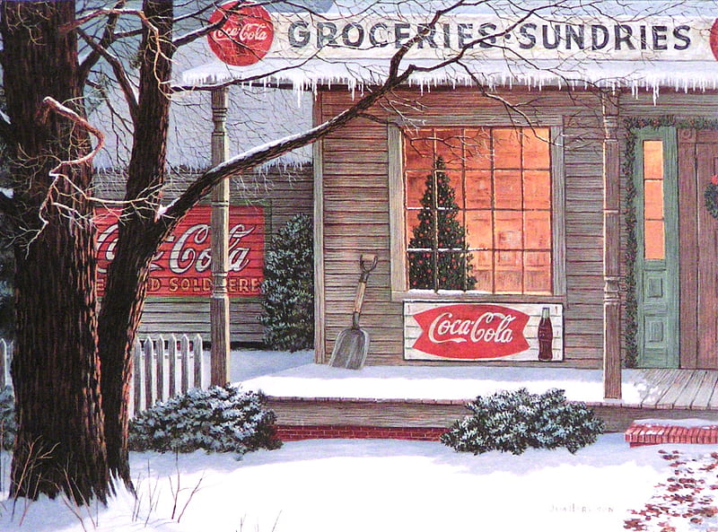 Old Corner Store, variety, christmas tree, lights, winter, windows, old days, snow, signs, coca-cola, shovel, store, HD wallpaper