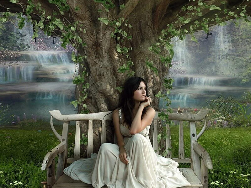 Quiet Contemplation, tree, grass, waterfall, bench, ivy, woman, HD wallpaper