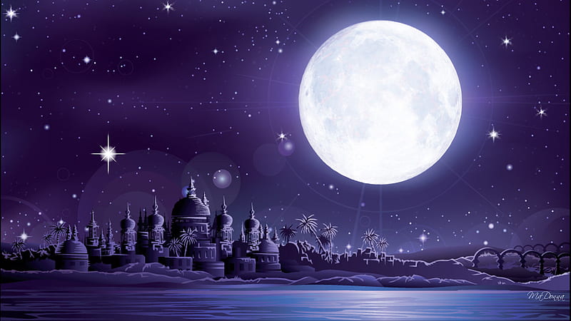 City of Ancients, stars, , christmas, middle east, firefox persona, sky, moon, city, water, purple, HD wallpaper