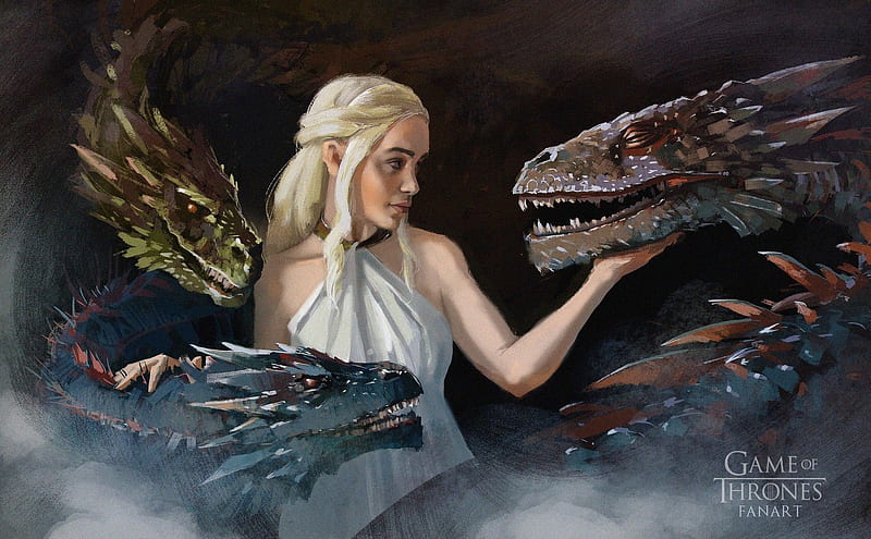 Daenerys, art, frumusete, fantasy, girl, luminos, game of thrones, daenerys targaryen, dragon, HD wallpaper
