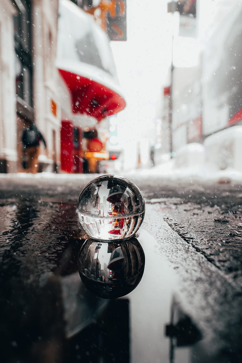 crystal ball, ball, puddle, snow, reflection, HD phone wallpaper