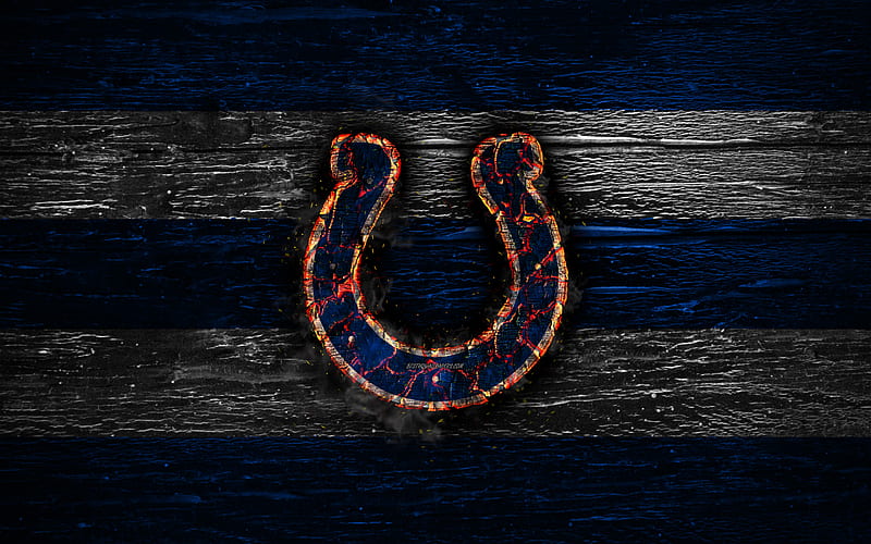 Indianapolis Colts, fire logo, NFL, blue and white lines, american football, USA, wooden texture, AFC, National Football League, Indianapolis Colts logo, HD wallpaper