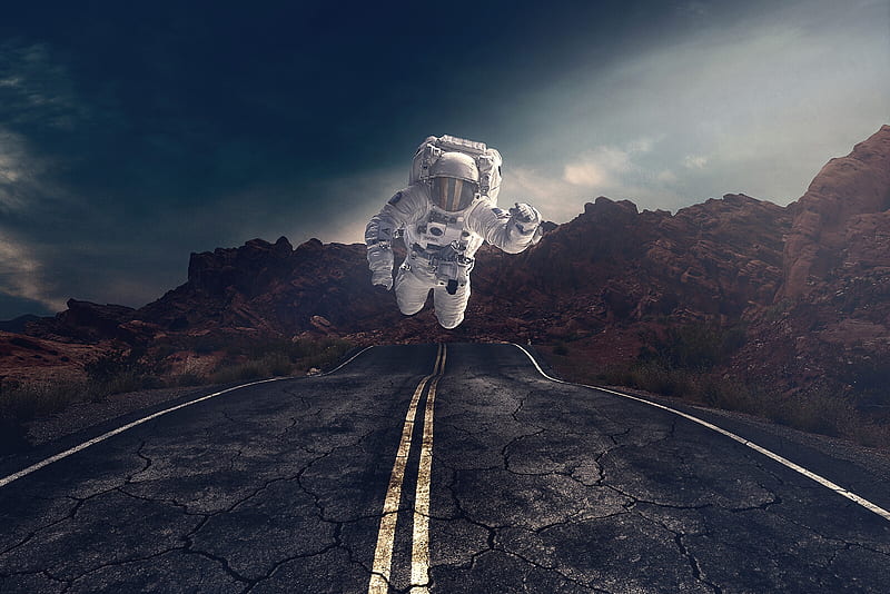 astronaut, gravity, road, asphalt, rocks, stones, HD wallpaper