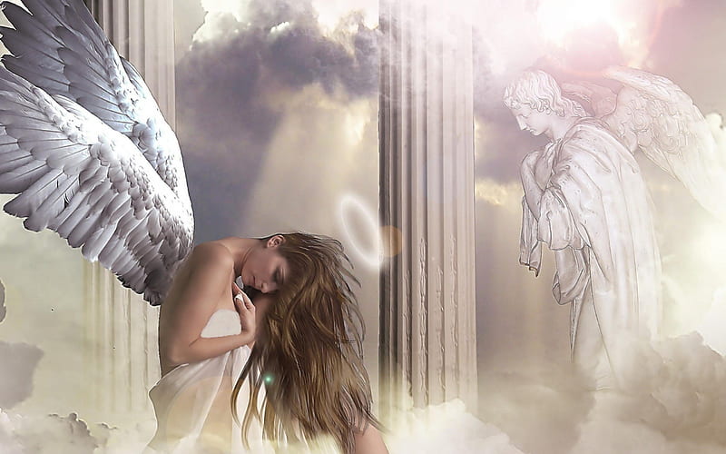 Angel praying, angel, heaven, sorrow, pray, angels, loss, HD wallpaper