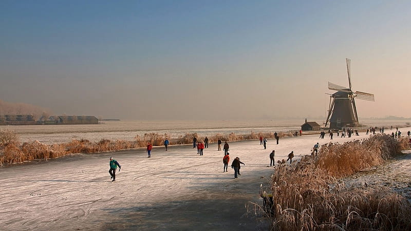 people ice skating on a river in holland r, windmill, ice, skaters, river, r, winter, HD wallpaper
