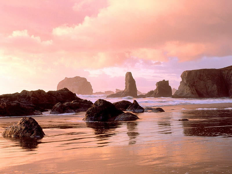 Coastal Sunset, Face Rock State Park, Bandon, Oregon, rock, ocean, smooth, sky, clouds, beach, sand, water, reflectiion, day, nature, pink, HD wallpaper