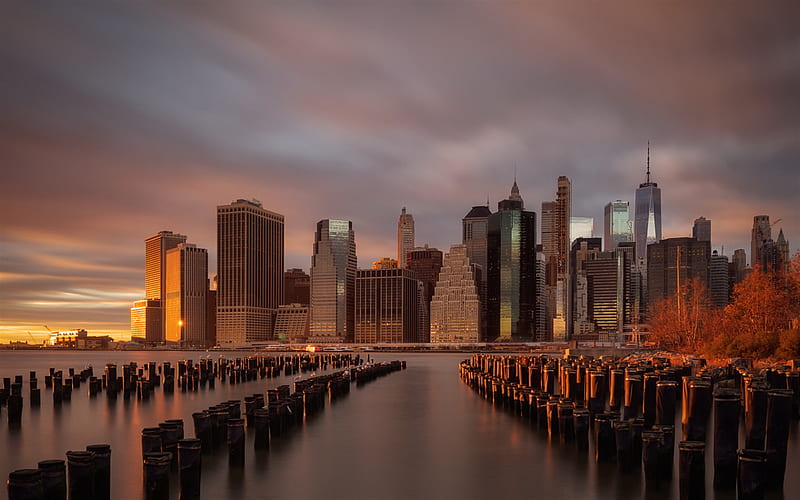 New York, Manhattan, evening, sunset, skyscrapers, World Trade Center 1, New York skyline, USA, HD wallpaper