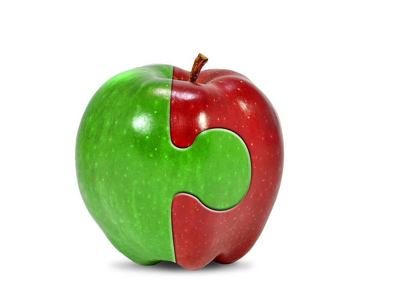 Funny apple, apple, fruit, red, autumn, green, puzzle, funny, white, HD wallpaper