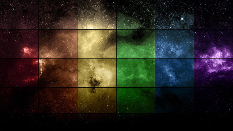 Nebula collage, red, orange, space, black, rainbow, collage, green, nebula, purple, pink, blue, HD wallpaper