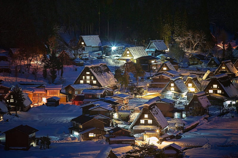 Shirakawa Village, shirakawa, japan, japanese, snow, village, scenery, night, winter, HD wallpaper