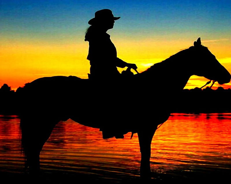 Cowgirl Sunset, cowgirl, silhouettes, sunset, trees, horse, sky, silhouette, lake, hat, water, HD wallpaper