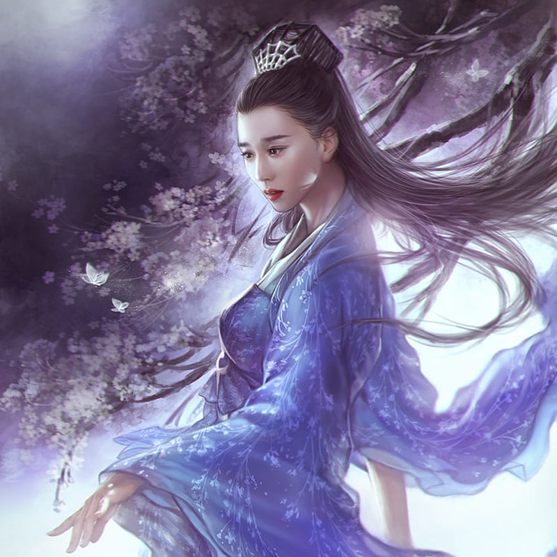 Dynasty princess, yankong bu, art, frumusete, luminos, fantasy, girl, asian, white, blue, HD wallpaper
