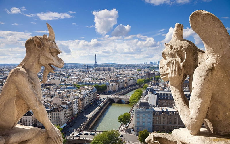 Paris View, Eiffel Tower, Europe, stone, gothic, cityscape, Paris, France, gargoyles, HD wallpaper