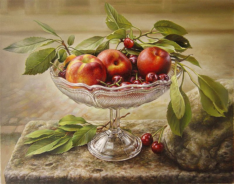 Bowl of Delicious Apples & Cherries, table, glass, leaves, stone, apples, cherries, bowl, HD wallpaper