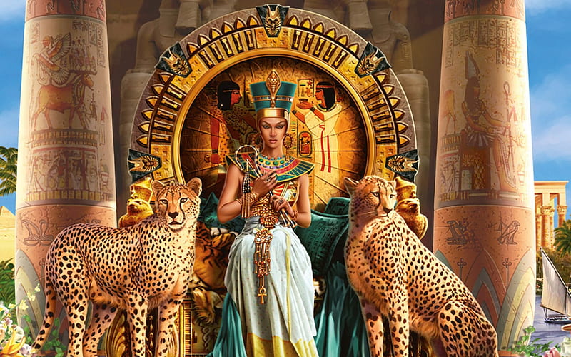Egyptian Queen, throne, leopards, queen, beauty, egyptian, HD wallpaper