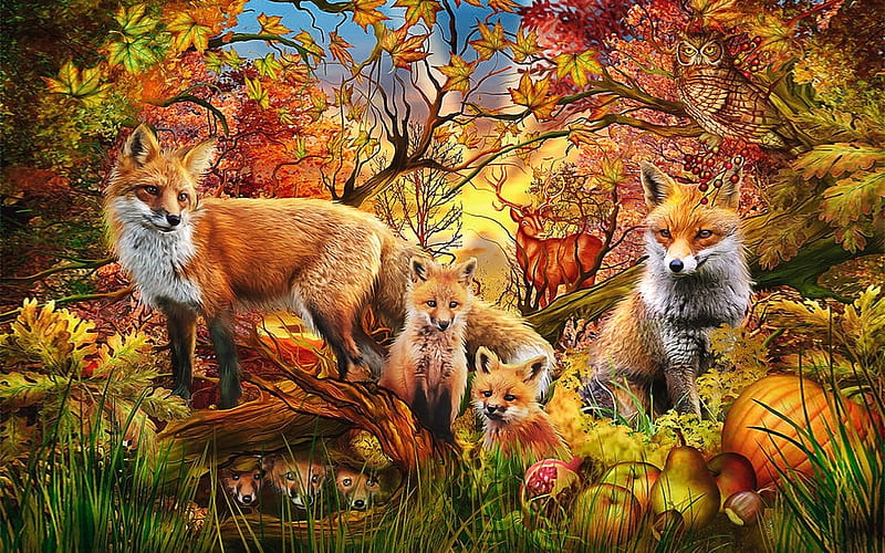 Spirit of Autumn, owl, Digital art, Pumpkin, Leaves, deer, foxes, Colors, Autumn, animals, HD wallpaper