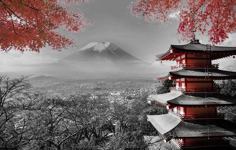 Mount Fuji and Pagoda, church, pagoda, fuji, red, mountain, scene, HD wallpaper