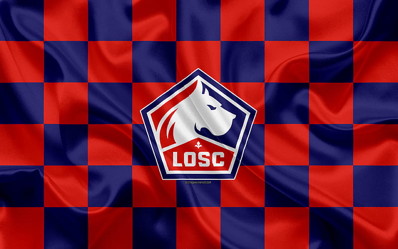 Lille OSC new logo, creative art, red blue checkered flag, French football club, Ligue 1, emblem, silk texture, Lille, France, football, Lille FC, HD wallpaper